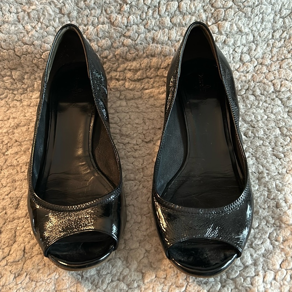 Cole Haan black patent peep toe with low wedge